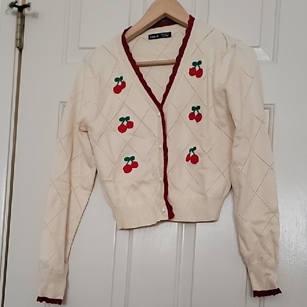 SHEIN Cream and Red Cherry Embroidered Cardigan Scalloped Hem Argylle Pattern